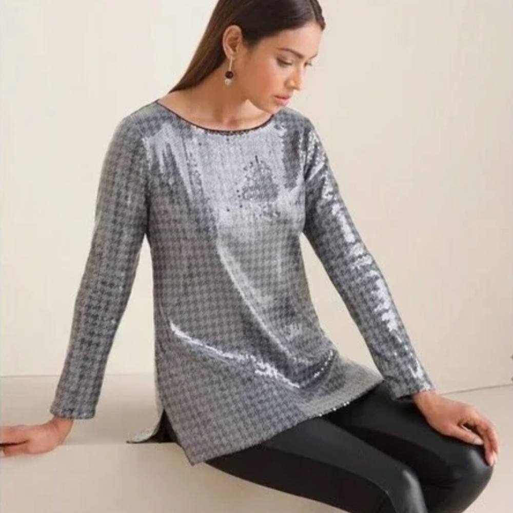 Chico’s - Houndstooth Sequin Tunic Knit Top | 2(L) - Picture 4 of 5